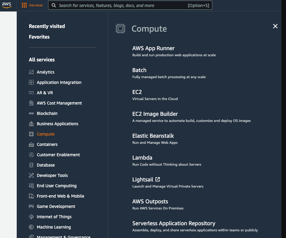 AWS Service Selector Tab