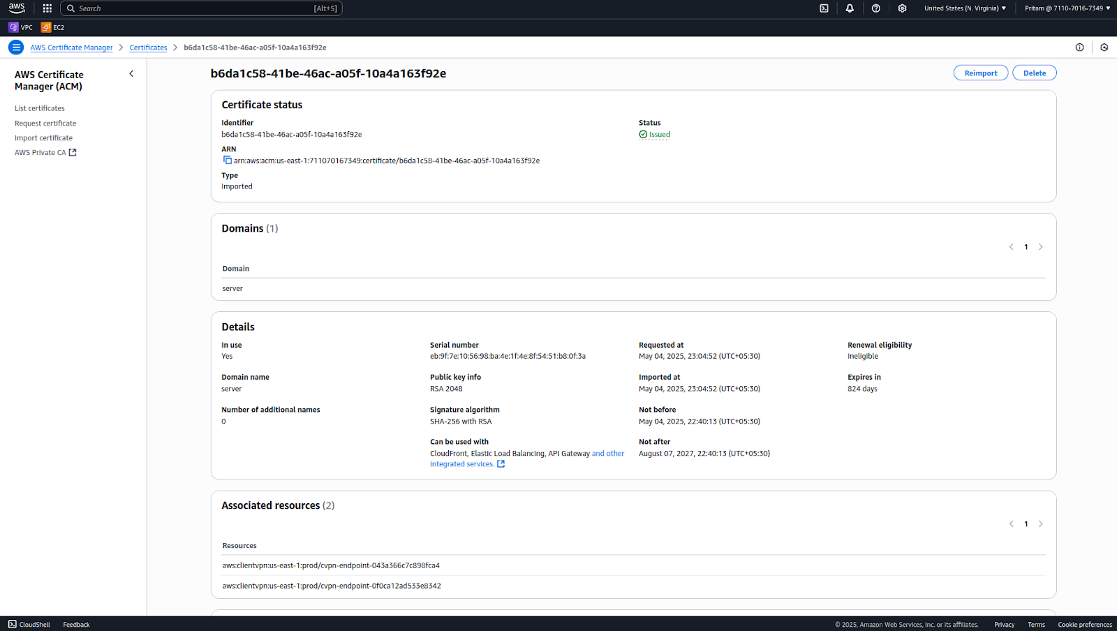 AWS Certificate Manager screenshot