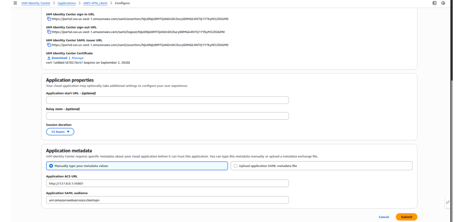 Application metadata screenshot AWS