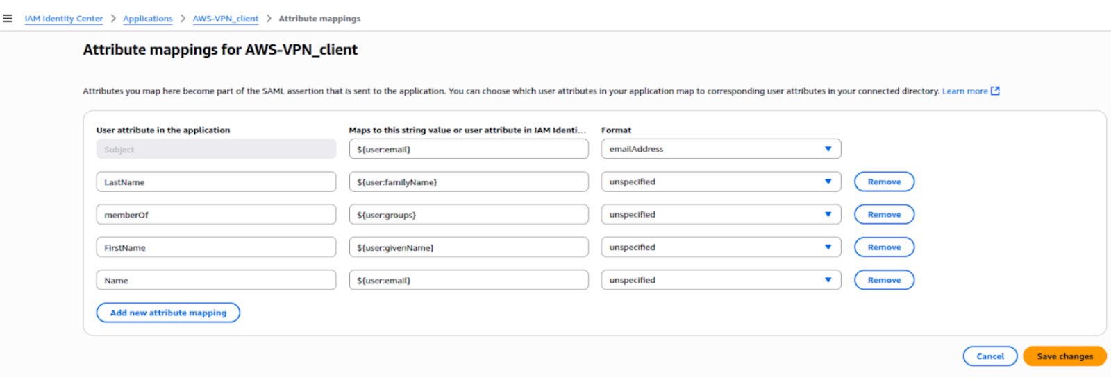 Attribute Mapping for AWS VPN Client screenshot