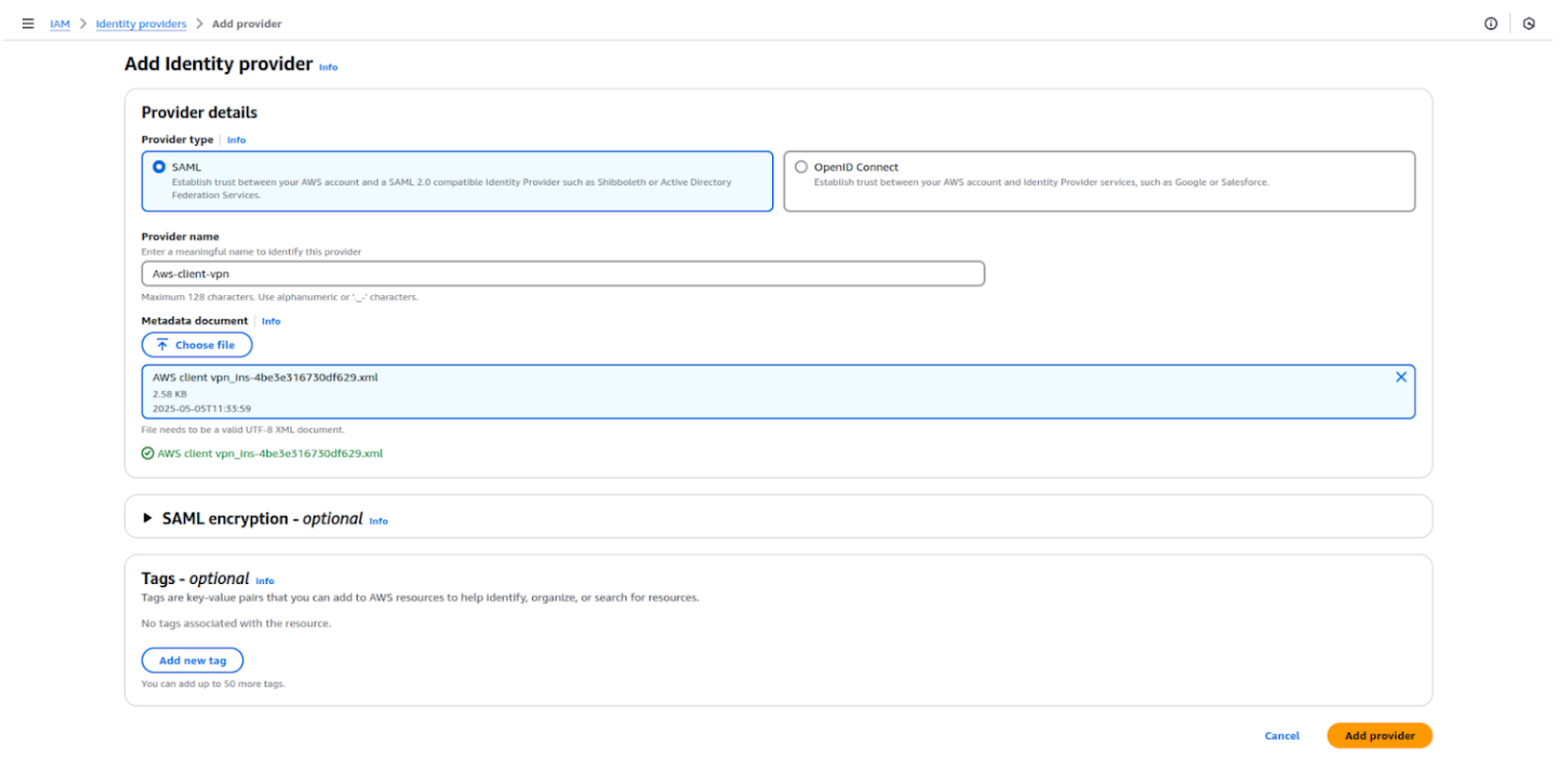 Add Identity Provider AWS screenshot