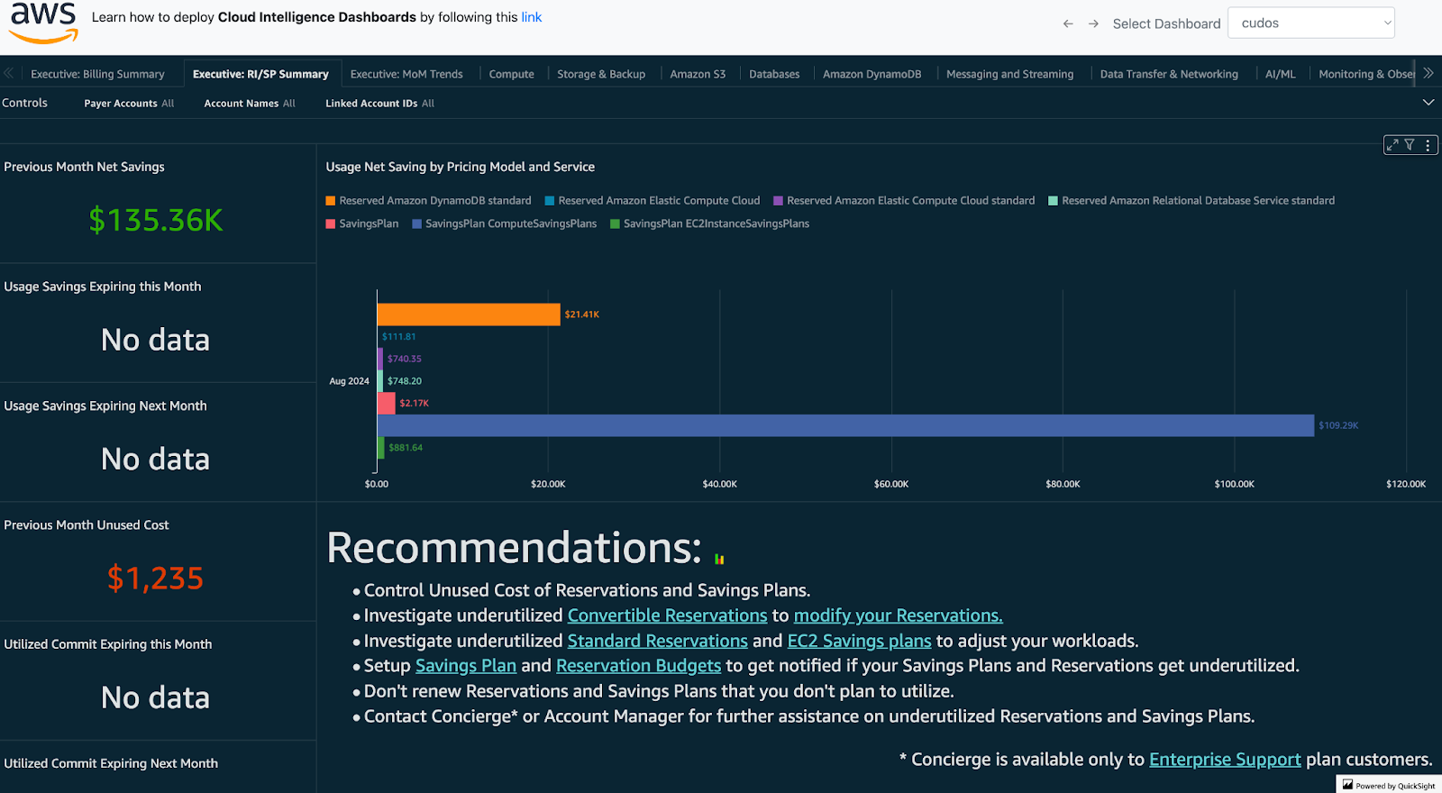 Cudos Executive: RI/SP Summary Dashboard from Aws