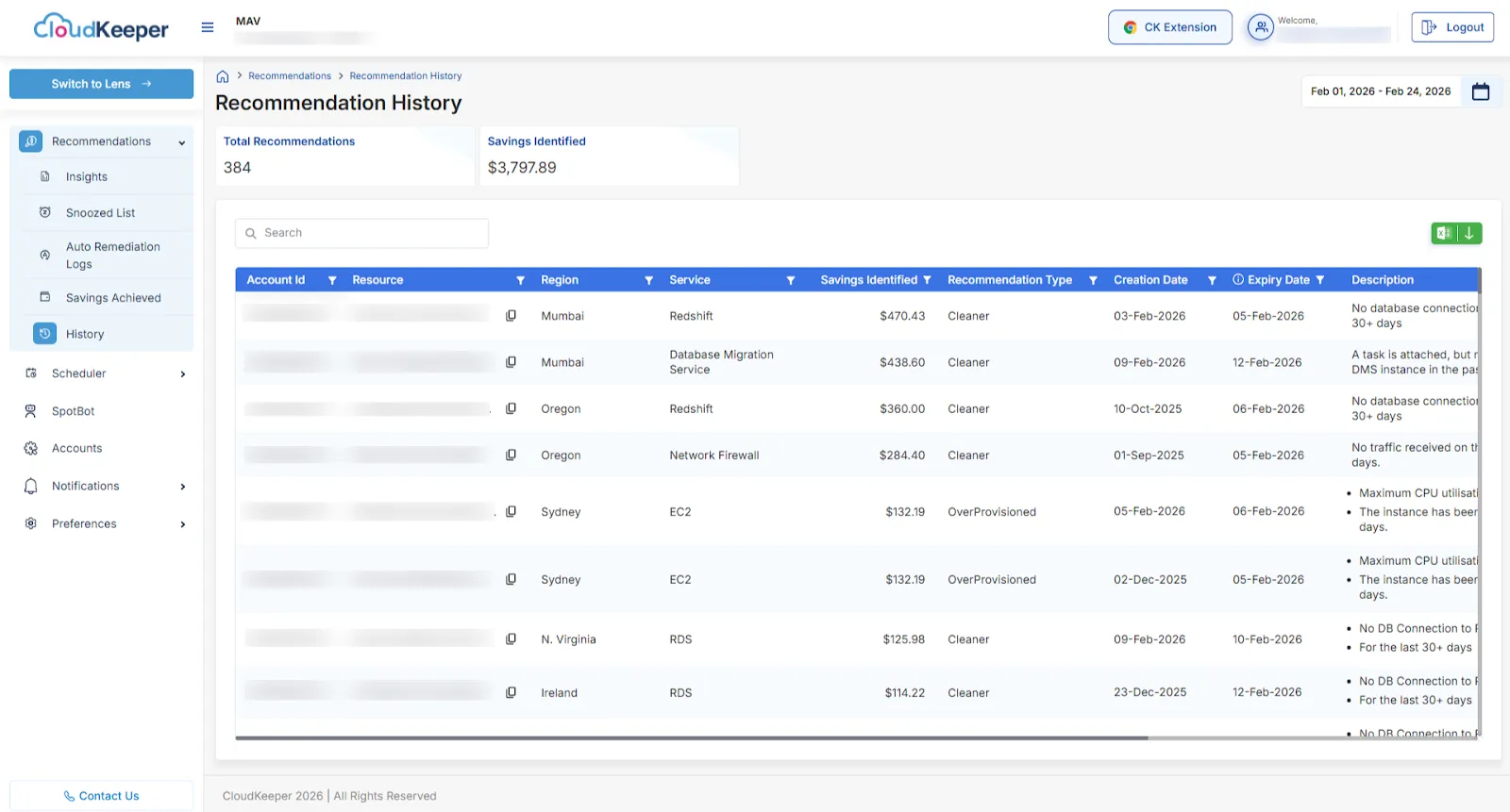 AWS & GCP - Recommendation History