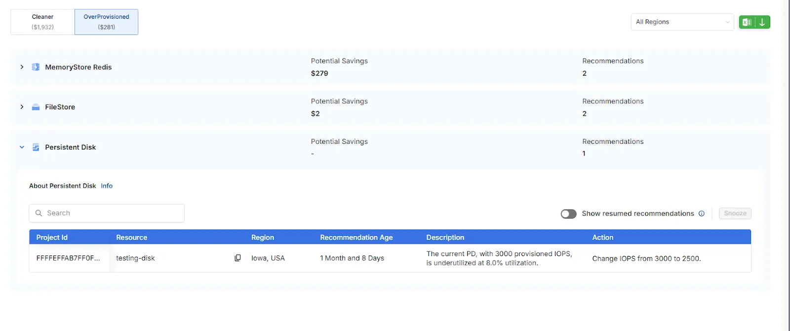 Tuner - GCP Recommendations - OverProvisioned | PD